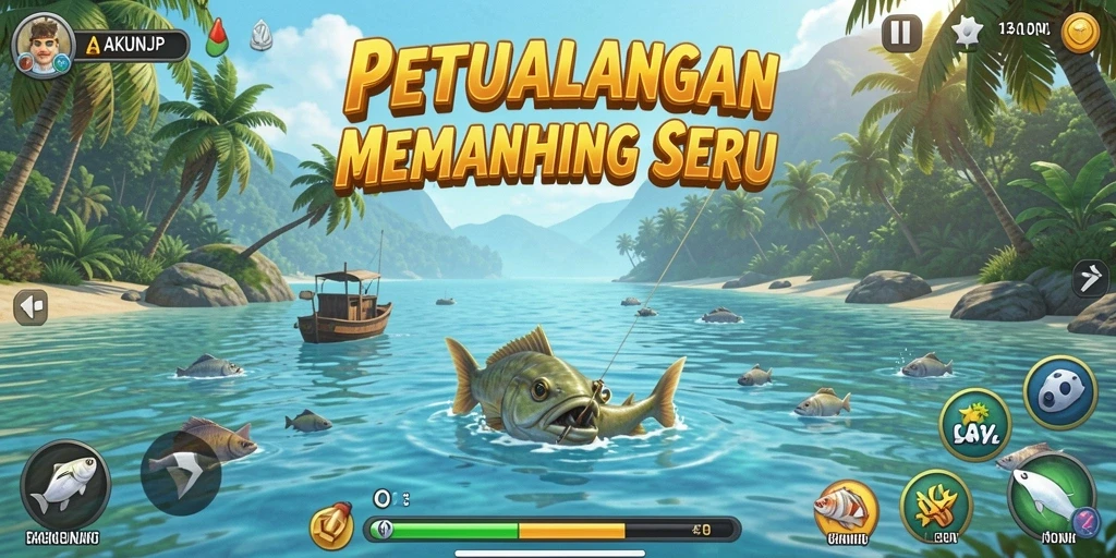 Tampilan gameplay AKUNJP yang mendebarkan saat menangkap ikan.