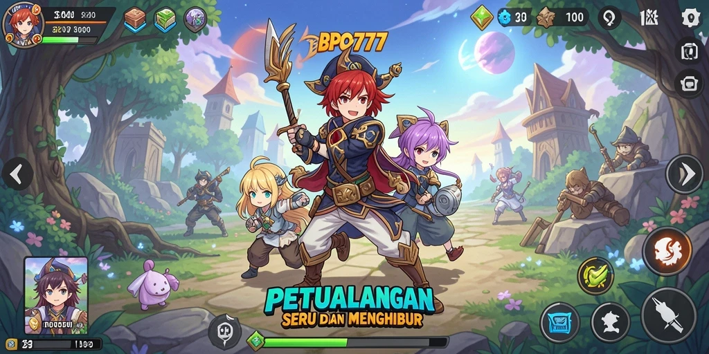 Tampilan gameplay BPO777 dengan karakter anime ikonik beraksi.
