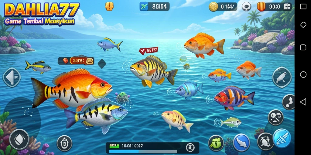 Tampilan gameplay ikan berwarna-warni dalam DAHLIA77.