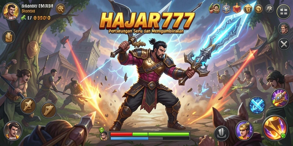 Tampilan gameplay seru dalam HAJAR777 dengan aksi pertarungan yang mendebarkan.