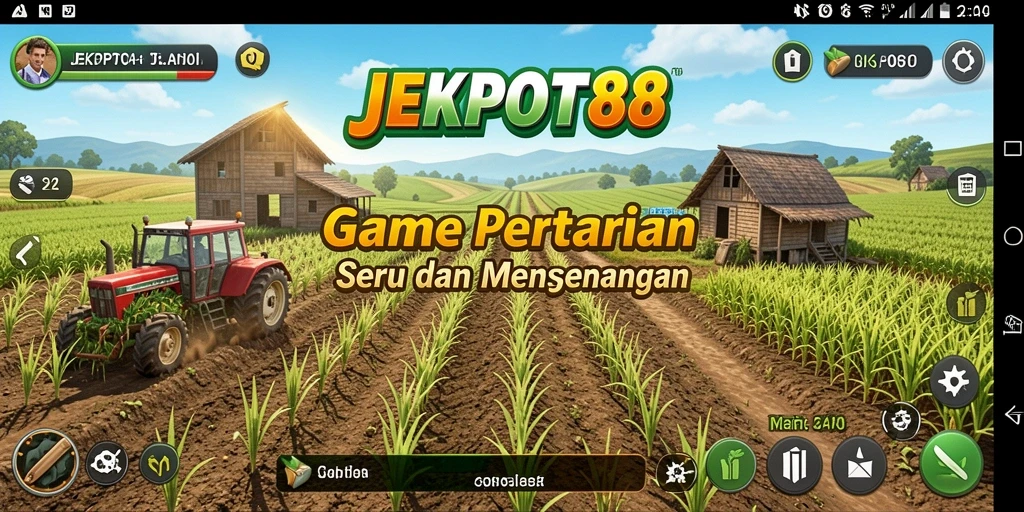 Tampilan screenshot <strong>JEKPOT88</strong> menunjukkan ladang hijau dan petani yang sibuk.