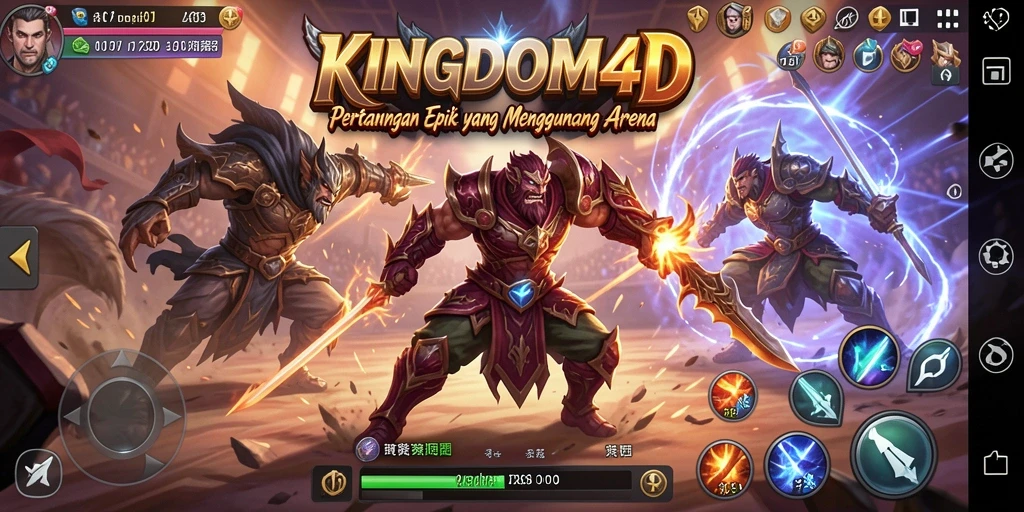 Tampilan gameplay KINGDOM4D dengan pertarungan yang dinamis dan karakter yang kuat.