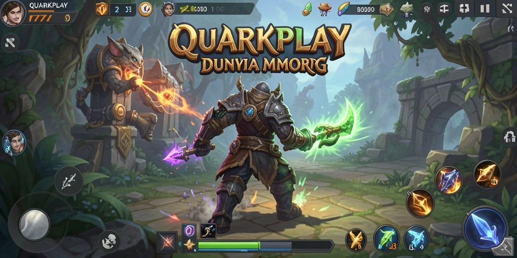 Screenshot gameplay QUARKPLAY yang menampilkan pertarungan epik dalam MMORPG.