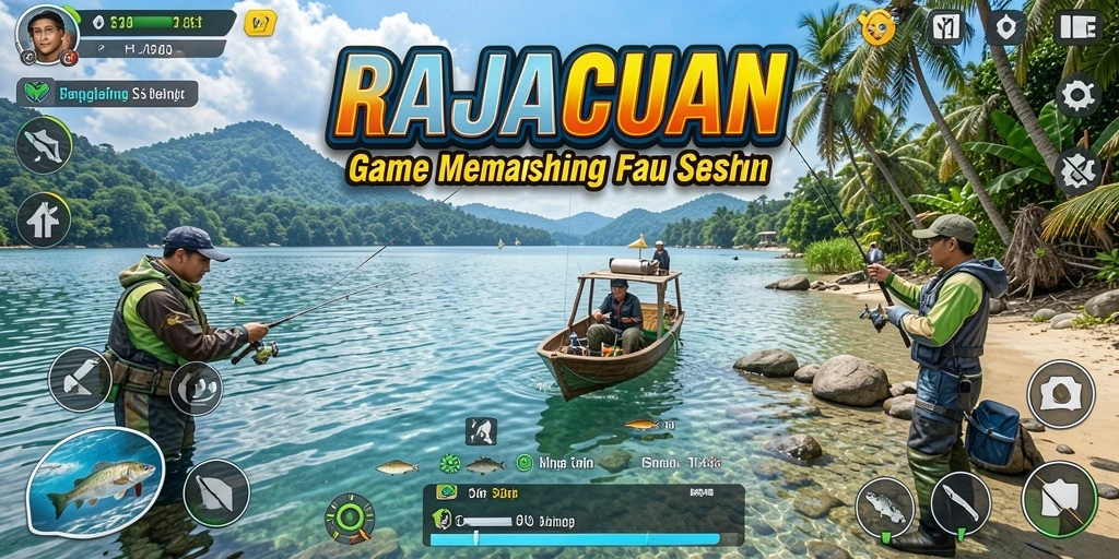 Tampilan gameplay RAJACUAN dengan grafis memukau dan beragam lokasi memancing.