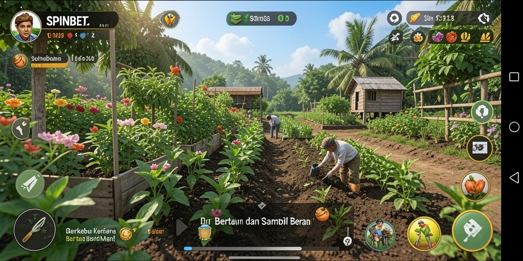 Tampilan gameplay SPINBET yang menampilkan ladang subur dan proses bertani yang seru.