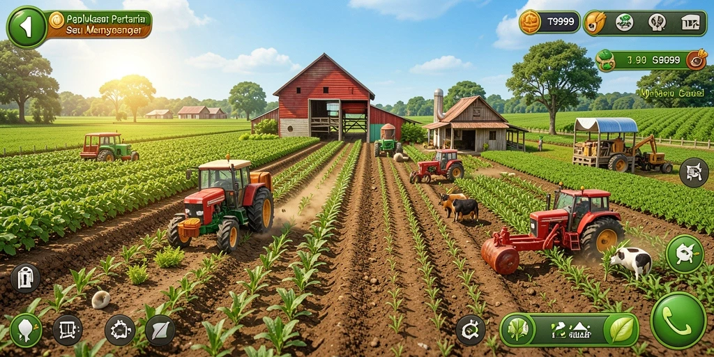 Screenshot gameplay T9999 menampilkan kebun yang subur dan hewan ternak.