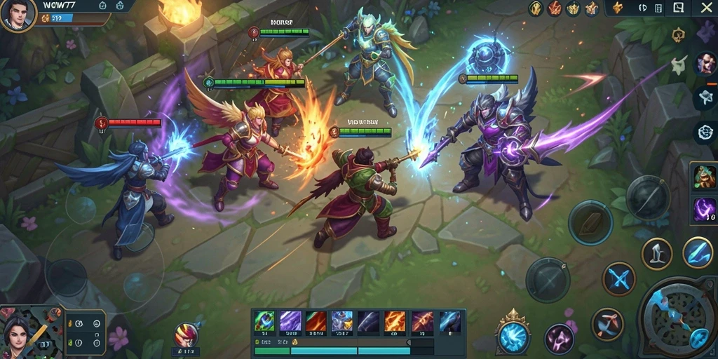 Screenshot utama dari WOW77 menampilkan gameplay MOBA yang seru.